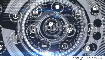 Futuristic data processing image with various icons over digital interface 124439364