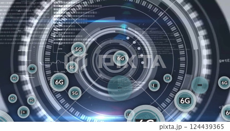 Futuristic digital interface with 6G technology image over circular HUD elements 124439365