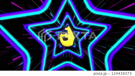 Neon star shapes image with yellow hand gesture in center Neon star shapes image with yellow hand gesture in center 124439373
