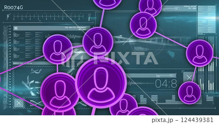 Network of user icons and data processing image over digital interface 124439381