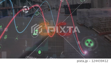 Image of 6g text and graph and processing data over goods warehouse 124439412
