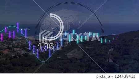 Image of graphs and data processing ring over globe and coast at night 124439413