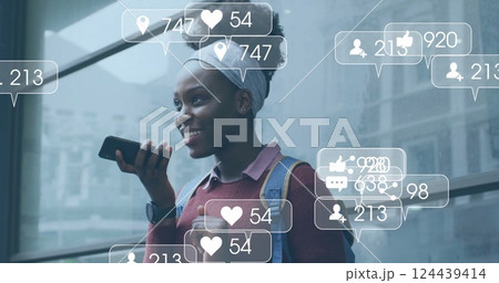 Image of social media notifications over happy african american woman talking on smartphone 124439414