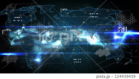 Image of data processing and world map over lights on black background Image of data processing and world map over lights on black background 124439439