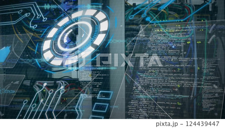 Image of scope scanning and data processing over server room Image of scope scanning and data processing over server room 124439447
