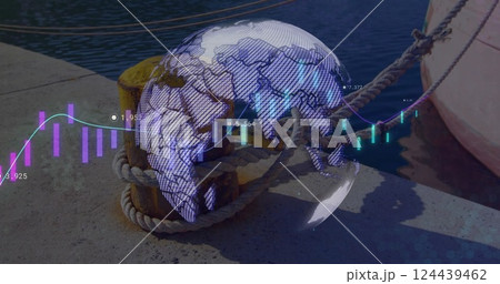 Image of financial data processing over sea port and globe Image of financial data processing over sea port and globe 124439462