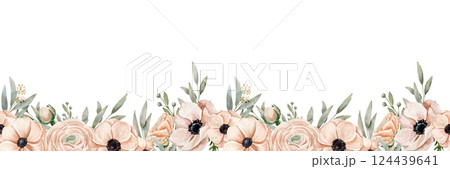Watercolor seamless border with different branches on a savage color, anemones and ranunculus on a peach pink color 124439641