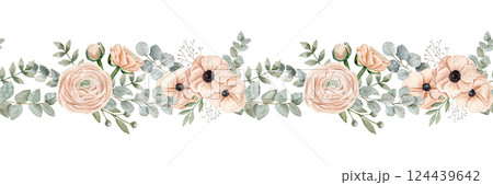 Watercolor seamless border with different branches on a savage color, anemones and ranunculus on a peach pink color 124439642