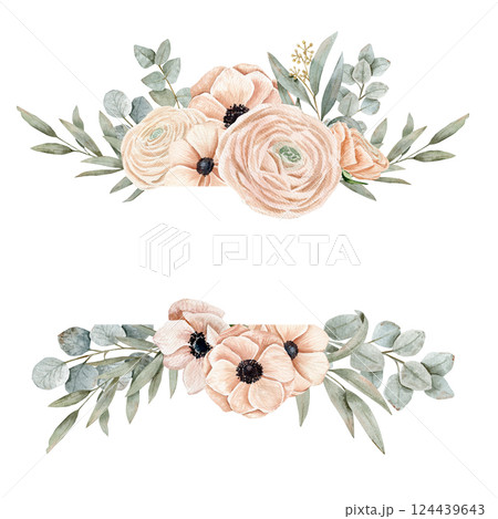 Watercolor hand drawn frame with different branches on a savage color, anemones and ranunculus on a peach pink color 124439643
