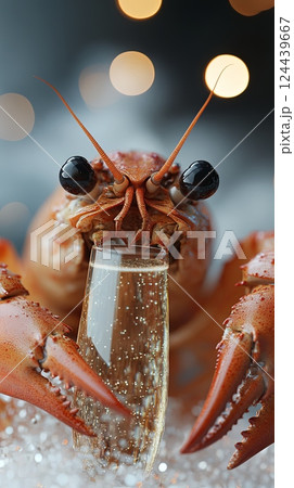 Crayfish enjoying champagne against a glittery white background in a hyper realistic style showcasing unique marine celebrations 124439667