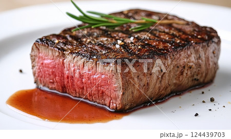 Perfectly cooked steak with rich sauce served on a white plate garnished with fresh herbs in an elegant dining setting 124439703