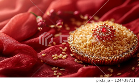 Elegantly adorned Rakhi and rice grains on a rich red textured cloth for Raksha Bandhan celebration 124439711