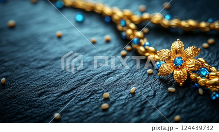 Elegant Rakhi adorned with a floral design resting on dark textured background with scattered rice grains for Raksha Bandhan celebration 124439732