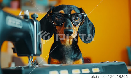 Humorous dachshund in glasses sewing at a machine brings joy and creativity to the workspace in a vibrant setting 124439843