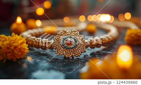 Celebration of Raksha Bandhan with traditional rakhi adorned with colorful flowers and lit diyas creating a festive atmosphere Celebration of Raksha Bandhan with traditional rakhi adorned with colorful flowers and lit diyas creating a festive atmosphere 124439860