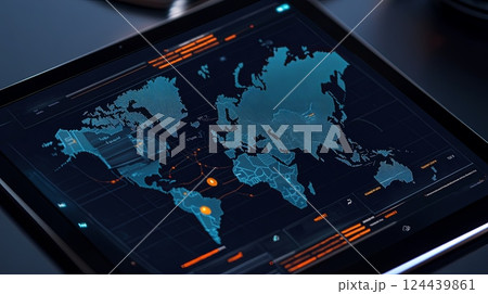 Sleek cargo container tracking app interface on tablet displays global map with real time GPS data and blockchain secured updates for logistics management 124439861
