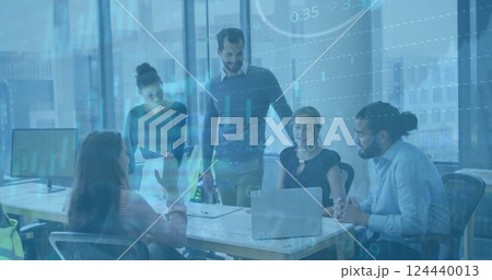 Image of financial data processing over diverse business people in office Image of financial data processing over diverse business people in office 124440013