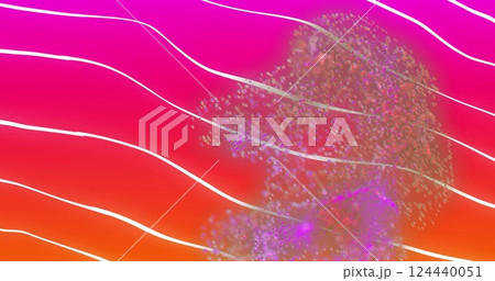 Image of glowing light trails moving over striped pink to orange background Image of glowing light trails moving over striped pink to orange background 124440051