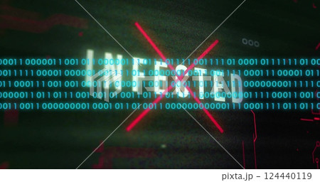 Image of data processing over infected text and computer circuit board on black background 124440119