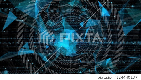 Image of network of connections with data processing over circles on black background 124440137