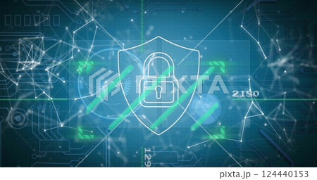 Image of padlock icon, network of connections and data processing Image of padlock icon, network of connections and data processing 124440153