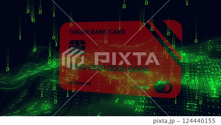 Image of credit card, binary coding and data processing over black background 124440155