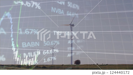 Image of financial data processing over wind turbines 124440172
