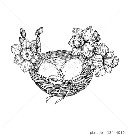 Vector illustration of an Easter nest with eggs, daffodils, pussy willow branches and a bow. Hand drawn in monochrome ink line art. Perfect for spring, Easter and 8 March holiday design projects. 124440194
