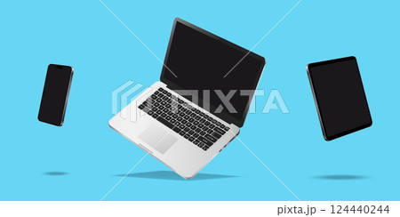 Flying laptop, cellphone and tablet pc mockup 124440244