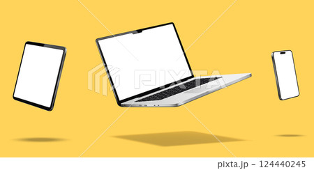 Levitation laptop computer, tablet and cellphone mockup 124440245