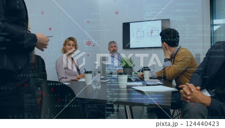 Image of data processing over diverse business people in office 124440423