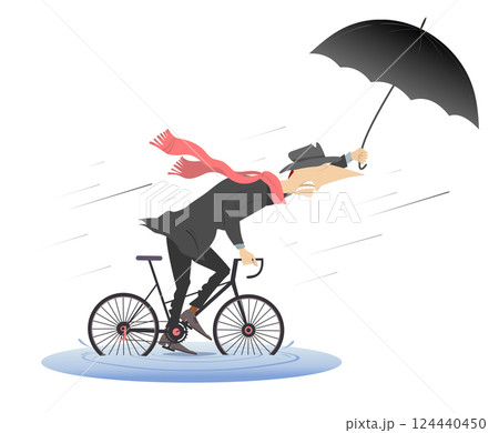 Rainy and windy day and man rides a bike. Man with umbrella rides a bicycle through puddles under the strong wind and rain. Isolated on white background 124440450