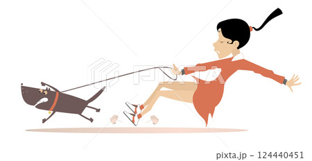 Young woman walking a disobedient dog. Dog walking, Young woman tries to stop an angry dog. Isolated on white background	 124440451