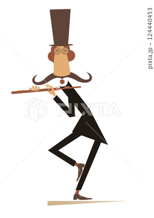 Cartoon musician playing flute. Funny long mustache man in the top hat playing flute. Isolated on white background	 124440453