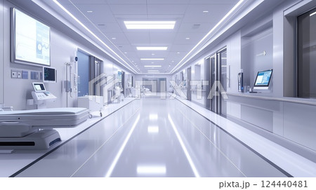 Futuristic hospital corridor with advanced medical equipment 124440481