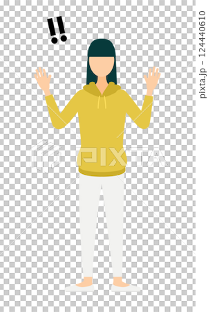A simple illustration of a woman wearing a khaki hoodie raising her hands in surprise A simple illustration of a woman wearing a khaki hoodie raising her hands in surprise 124440610