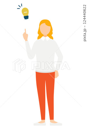 グレーのセーターを着た女性がアイデアをひらめくシンプルなイラスト グレーのセーターを着た女性がアイデアをひらめくシンプルなイラスト 124440622