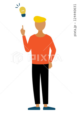 赤いシャツを着た男性がアイデアをひらめくシンプルなイラスト 124440631