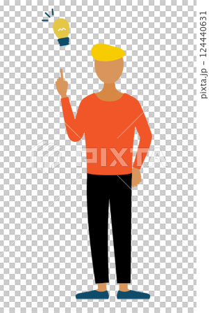 赤いシャツを着た男性がアイデアをひらめくシンプルなイラスト 124440631