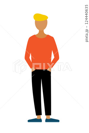赤いシャツを着た男性がポケットに手を入れているシンプルなイラスト 赤いシャツを着た男性がポケットに手を入れているシンプルなイラスト 124440635