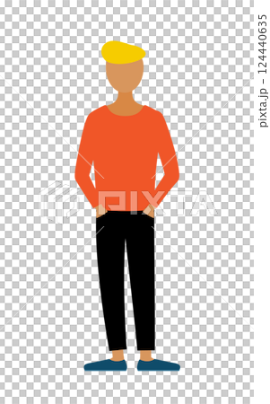 A simple illustration of a man in a red shirt with his hands in his pockets 124440635