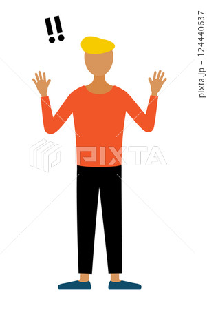 赤いシャツを着た男性が手をあげて驚いているシンプルなイラスト 124440637