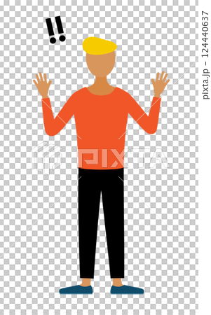 赤いシャツを着た男性が手をあげて驚いているシンプルなイラスト 124440637