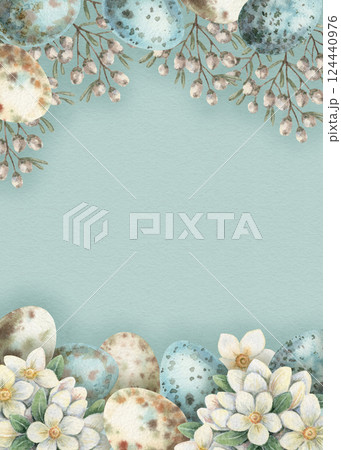 Blue Easter background with quail egg and white flower in vintage style. Hand drawn watercolor design. Vertical floral frame with copy space. Perfect for greeting card and holiday template. Blue Easter background with quail egg and white flower in vintage style. Hand drawn watercolor design. Vertical floral frame with copy space. Perfect for greeting card and holiday template. 124440976