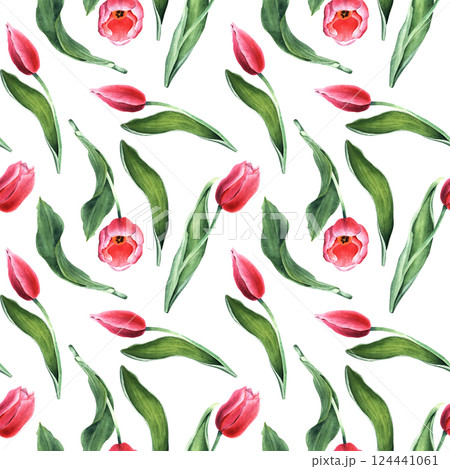 Seamless, repeat pattern with pink tulips,...のイラスト素材 [124441061] - PIXTA
