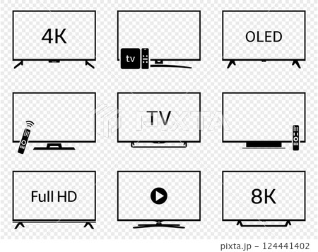 TV icons set. Contains such icons as 4K, Full HD, OLED, 8K. Modern smart tv silhouettes isolated on transparent background. 124441402
