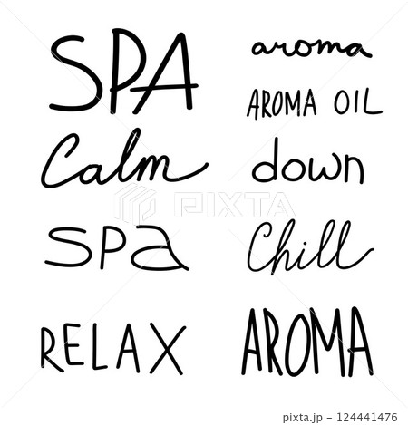 Spa and aroma handwritten words for typography-focused wellness projects, holistic visuals, candle branding, or meditative print materials 124441476