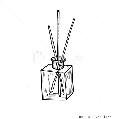 Minimal reed diffuser in bottle sketch, great for spa branding, fragrance icons, home scent packaging, and slow living product visuals Minimal reed diffuser in bottle sketch, great for spa branding, fragrance icons, home scent packaging, and slow living product visuals 124441477