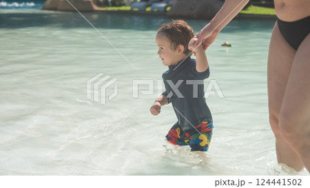 A one-year-old Caucasian boy walks hand in hand with his mother in a swimming pool.  124441502