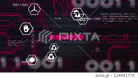 Image of eco icons and data processing over hacked text on black background Image of eco icons and data processing over hacked text on black background 124441774